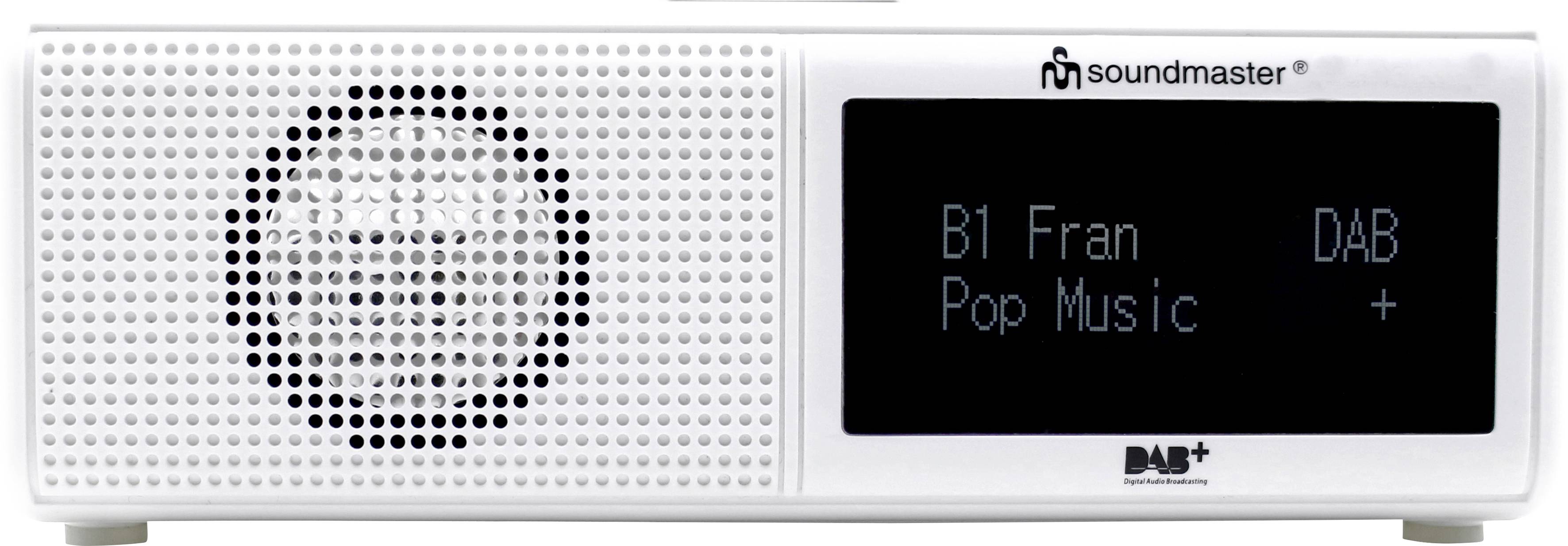 L'image montre une radio blanche au design rectangulaire. À droite se trouve un écran affichant le texte : 'Soundmaster B1, Fran, Pop Music, DAB+'.