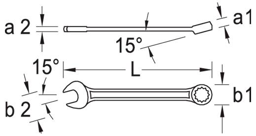 « Diagramme représentant une clé à molette avec des extrémités ouvertes et fermées, inclinée à un angle de 15 degrés. Annotations : angle 15°, dimensions a1, a2, b1, b2, longueur L. »