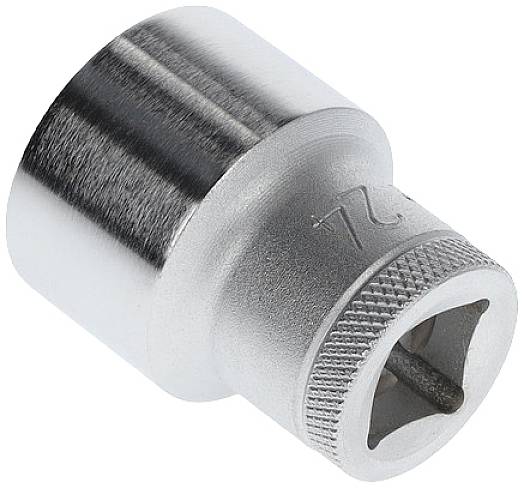 Une clé à cliquet en argent à surface rainurée, représentée sur un fond blanc.