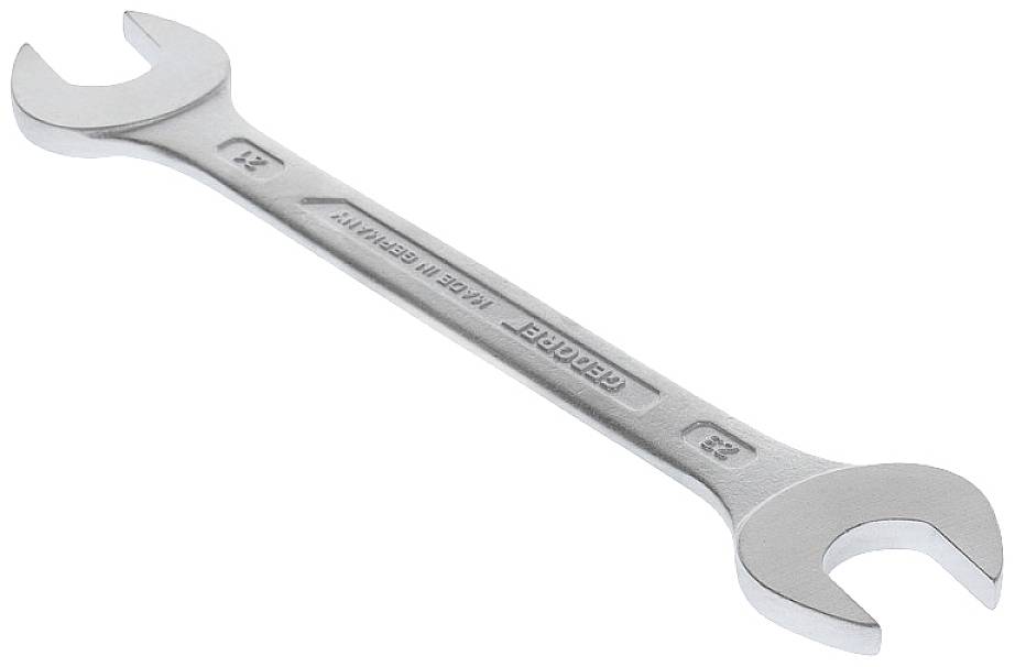 Une clé à fourche en argent avec deux extrémités ouvertes, une face marquée '20' et l'autre '22'. Sur le manche, l'inscription 'Made in Germany'.