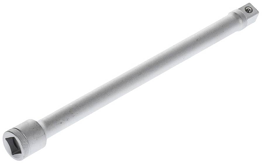 Une longue rallonge de clé à cliquet en argent avec carré d'entraînement, adaptée pour une utilisation avec des clés à cliquet ou des clés à douille.