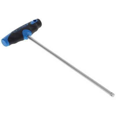 Tournevis en forme de L avec poignée bleu-noir ; longue tige métallique se terminant par une tête hexagonale.