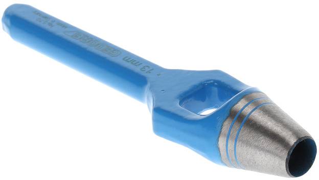 Un poinçon métallique bleu, adapté pour créer des trous ronds, doté d'une pointe cylindrique pointue et d'une poignée.
