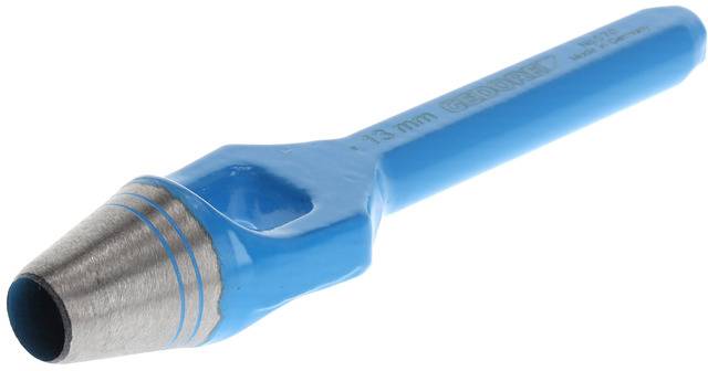 Perforateur métallique à poignée bleue, taille 13 mm, pour perforer précisément des trous dans divers matériaux.