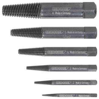 Six extracteurs de vis de différentes tailles, numérotés de 2 à 6. Tous sont marqués 'Made in Germany'.