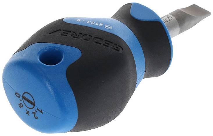 Tournevis cruciforme à poignée bleue, positionné en biais. Adapté pour un travail précis sur de petites vis.