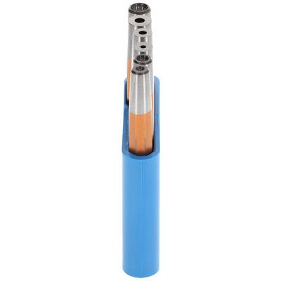 Cinq crayons orange avec des embouts argentés, disposés verticalement dans un support bleu.