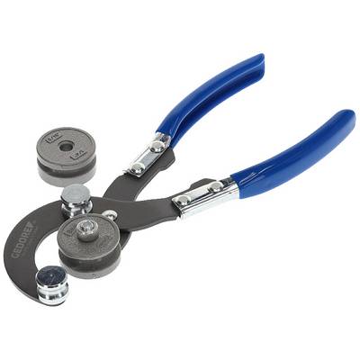 Pince avec poignées bleues et deux embouts ronds, utilisée pour le travail des pièces métalliques.