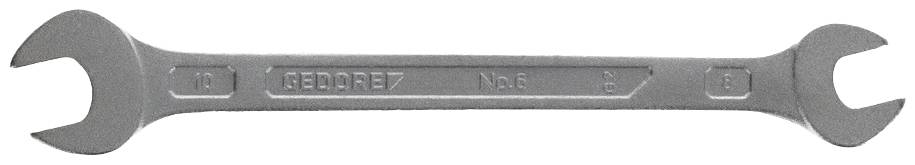 Une clé à fourche en argent à ouverture libre des deux côtés, portant les tailles '8' et '10' ainsi que l'inscription 'GEDORE'.