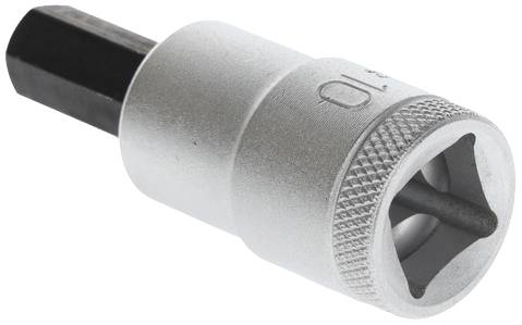 Adaptateur de clé à douille argenté avec extrémité hexagonale et bord cannelé, adapté à l'utilisation avec des clés à molette.