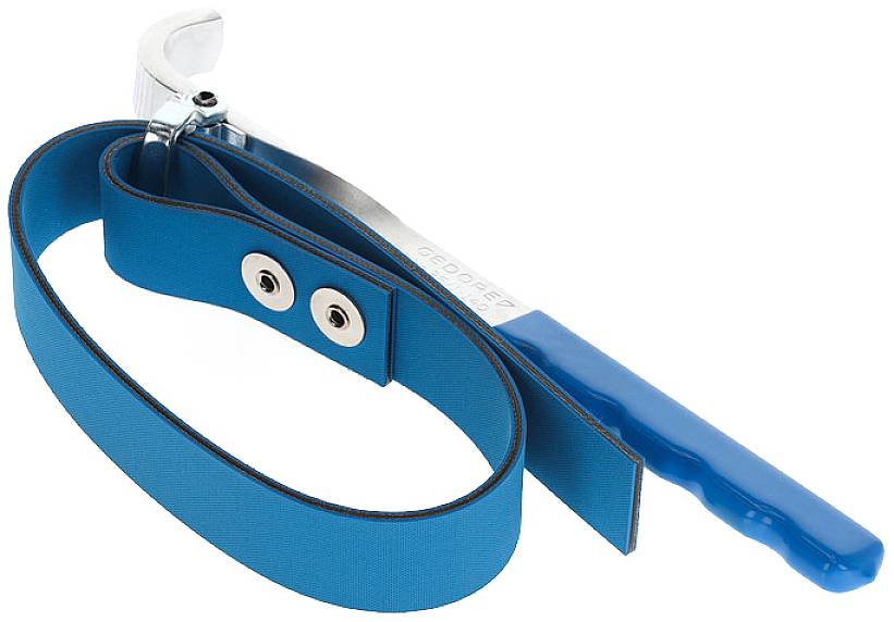 Clé serre-tubes bleue à sangle longue avec boucle métallique, utilisée pour desserrer ou serrer des tuyaux lors de travaux de plomberie.