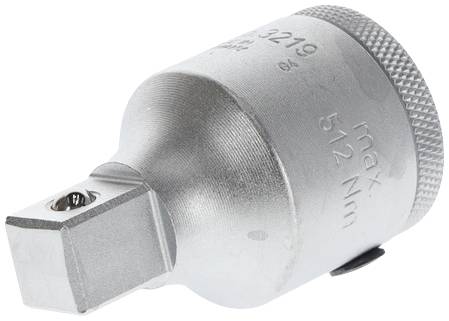 'Adaptateur métallique pour clé à douille avec carré d'entraînement et poignée cranté, charge maximale de 512 Nm.'