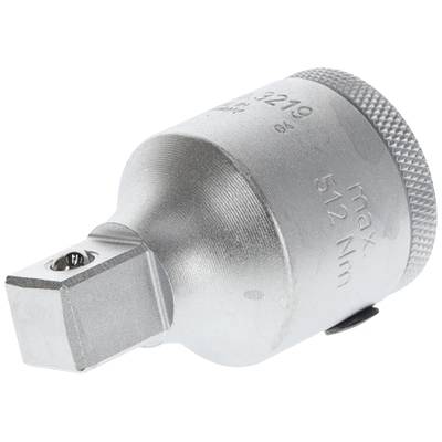 'Adaptateur métallique pour clé à douille avec carré d'entraînement et poignée cranté, charge maximale de 512 Nm.'