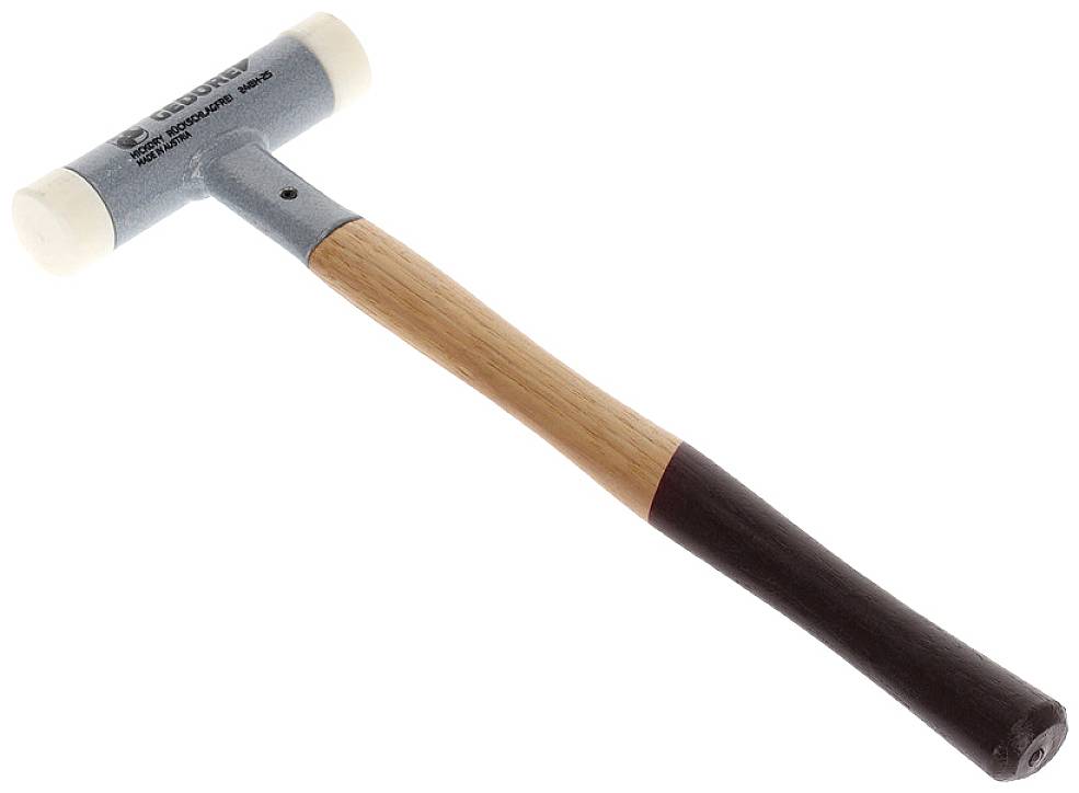 Marteau en caoutchouc avec manche en bois et deux têtes en caoutchouc blanches à chaque extrémité, sur un fond blanc.