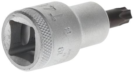 Un embout Torx avec adaptateur pour clé à douille, adapté à une utilisation avec une clé ou une clé à cliquet, vu de près.