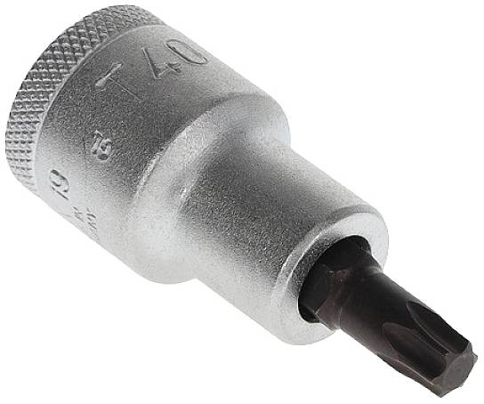 Embout de douille Torx T40 en métal, de forme cylindrique avec zone de préhension striée, utilisé pour visser des vis à entraînement Torx.