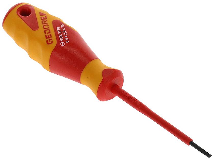 Un tournevis isolé à poignée rouge et jaune. Adapté pour les travaux sur des appareils électriques.