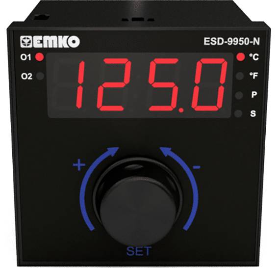 Appareil électronique avec affichage numérique '125.0', bouton de commande en bas, symboles pour intervalles de température et préréglages.