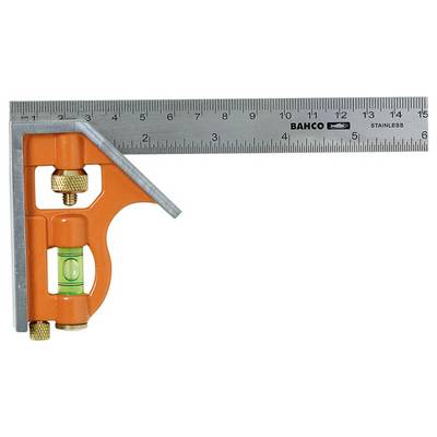 Équerre de combinaison orange et argent avec niveau et règle, graduée en centimètres et en pouces, utilisée pour mesurer et tracer des angles.