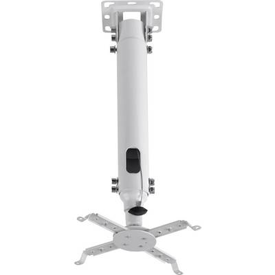 Support de plafond blanc pour vidéoprojecteur, réglable, avec plusieurs points de fixation et ouverture pour câbles, conçu pour une installation au plafond.