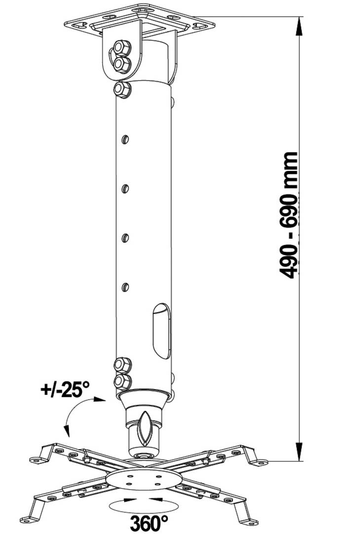 Diagramme d'un support de plafond réglable pour projecteurs, avec une longueur ajustable de 490 à 690 mm et une inclinaison de +/- 25 degrés.