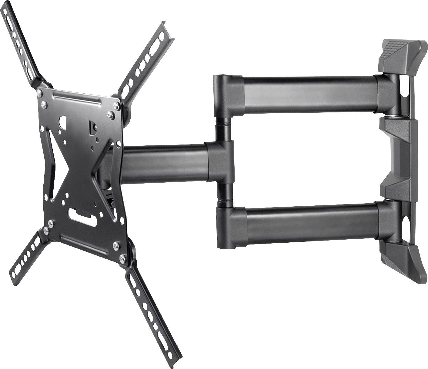 Support mural TV noir ajustable avec quatre bras et rails de fixation. Adapté à différentes tailles d'écran.