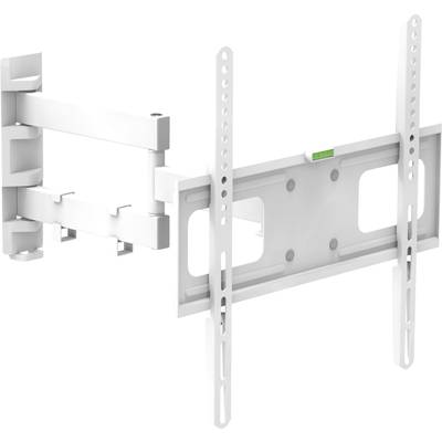 Support mural blanc et ajustable pour téléviseur à écran plat, monté sur un mur, montrant un bras articulé pour un positionnement flexible de la TV.