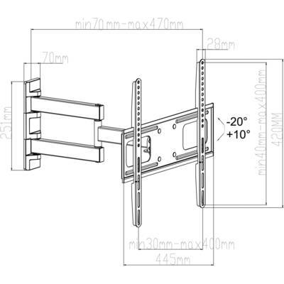 Support mural pour téléviseur avec bras ajustable. Inclinable de -20° à +10°. Dimensions : Largeur 445 mm, Hauteur 420 mm, Distance du mur min 70 mm, max 470 mm.