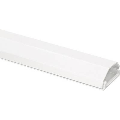 Un conduit de câbles en plastique blanc, de forme rectangulaire, sert à guider et dissimuler de manière ordonnée les câbles le long des murs ou des plafonds.