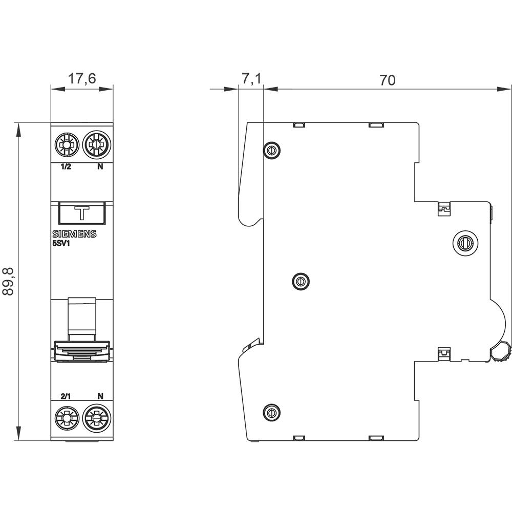 'Plan coté d'un interrupteur électromécanique de Siemens, montrant les vues et dimensions : hauteur 89,8 mm, largeur 17,6 mm, profondeur 70 mm.'