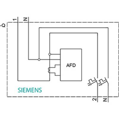 Symbole de commutation de l'AFDD de Siemens avec un interrupteur qui relie deux circuits électriques. AFD désigne le dispositif de protection contre les arcs électriques défectueux.