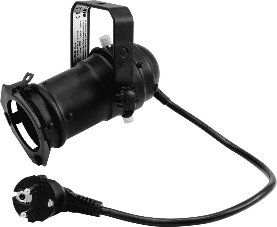 Un projecteur de scène noir avec fiche européenne, adapté aux petits événements ou aux enregistrements en studio.