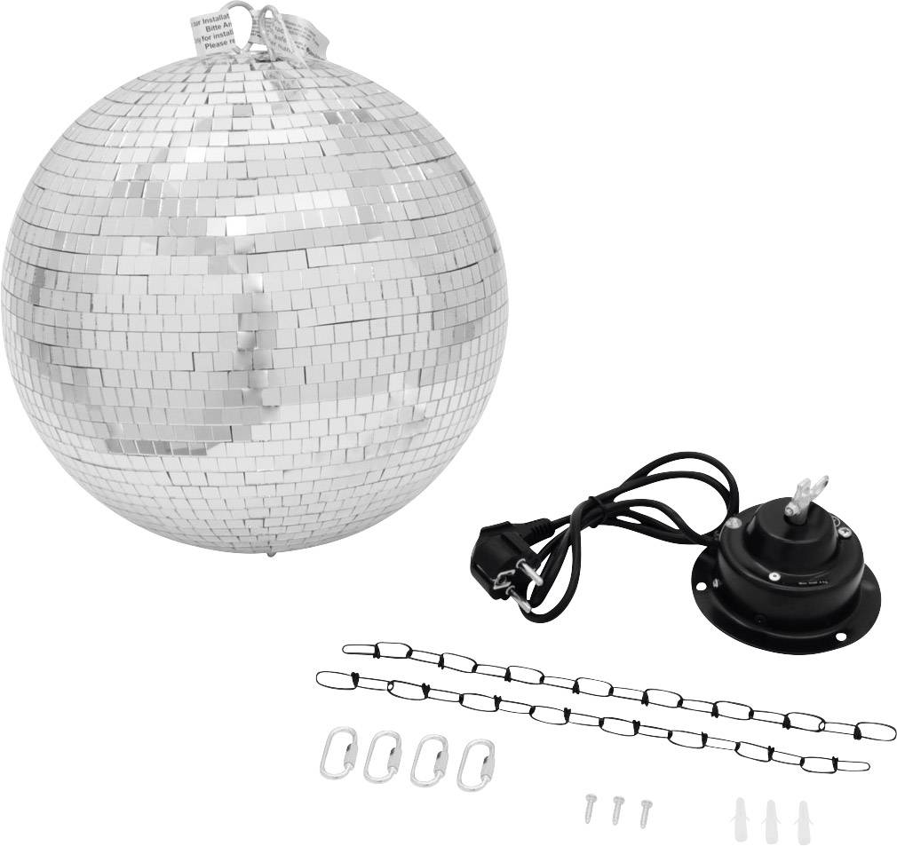 Boule à facettes argentée avec accessoires de montage, incluant chaînes, crochets et connexion électrique.