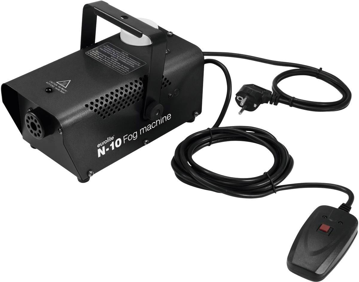 Machine à fumée avec poignée et câble de connexion. Inclut une télécommande filaire pour contrôler la production de fumée.
