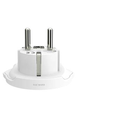 Une fiche secteur blanche avec deux broches métalliques, marquage CE et numéro de modèle. Convient à l'alimentation électrique des appareils électriques.