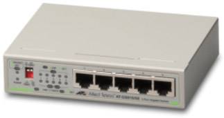 Petit commutateur réseau avec cinq ports Ethernet et plusieurs voyants LED sur la façade. Appareil d'Allied Telesis.