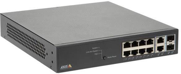 Switch réseau noir avec dix ports Ethernet et logo AXIS en bas à gauche de l'appareil.