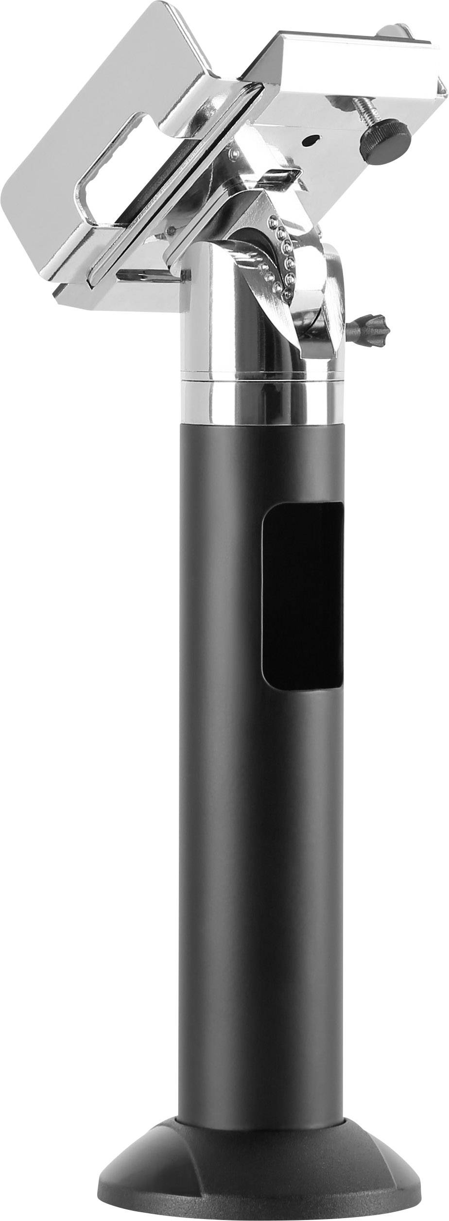 Support de fixation métallique avec poignée noire, adapté pour la fixation de caméras ou d'autres appareils. Support réglable et base stable.