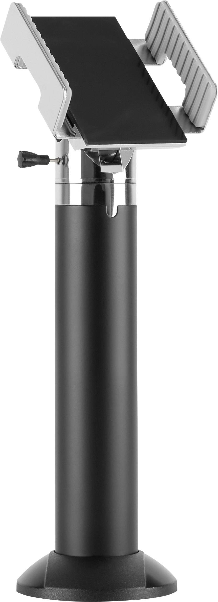 Support de tablette noir avec angle d'inclinaison réglable, monté sur un socle stable. Idéal pour la présentation ou l'utilisation aux points de vente.