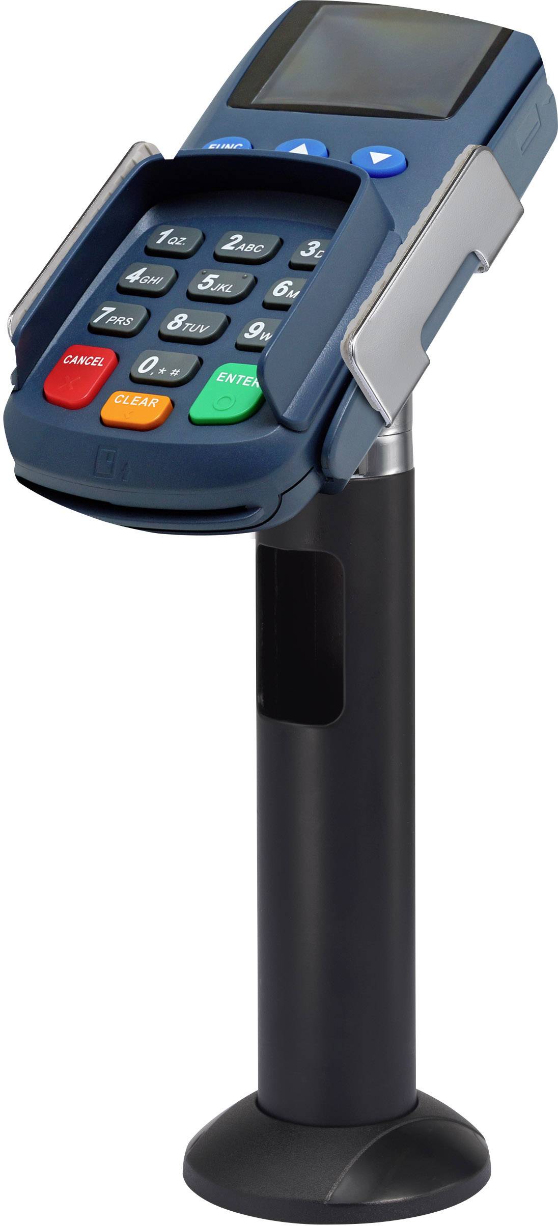 Lecteur de carte sur un support noir, avec des touches et un petit écran pour les paiements.