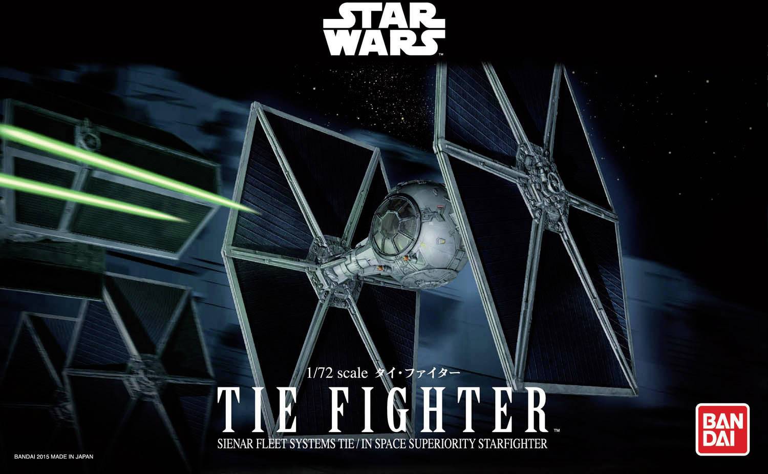 Image d'un Chasseur TIE de 'Star Wars' dans l'espace avec un rayon laser vert. Modèle à l'échelle 1:72, produit par Bandai.