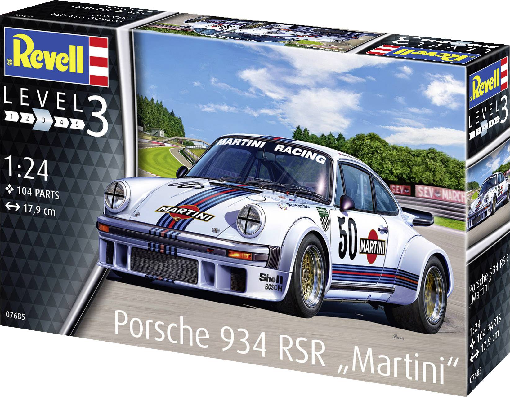 Emballage d'une maquette de la Porsche 934 RSR 'Martini' à l'échelle 1:24 avec finition de course. Comprend 104 pièces, niveau 3.