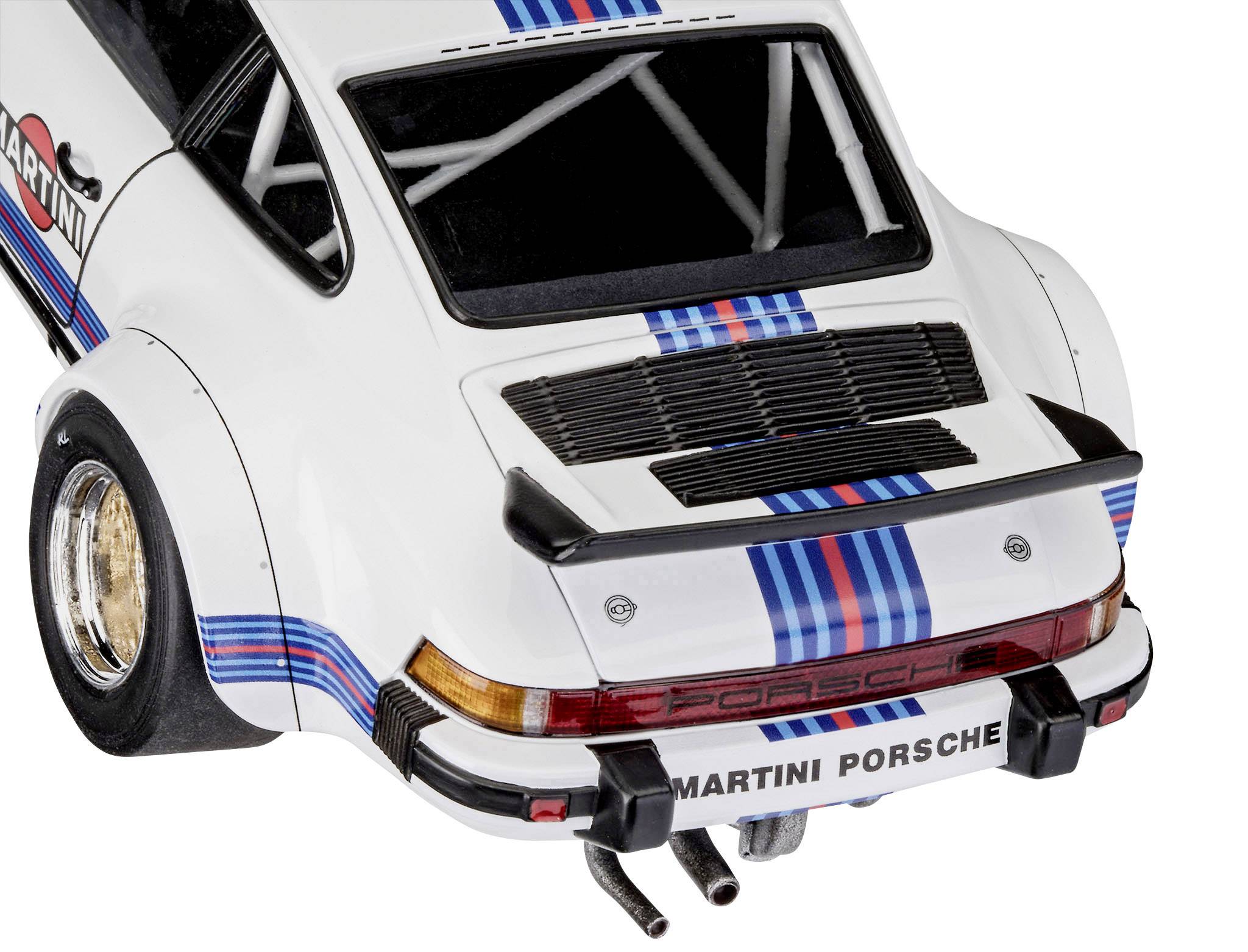 Une voiture miniature Porsche 911 RSR blanche avec des bandes Martini Racing et un large aileron arrière, photographiée de dos.