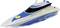 Bateau de police télécommandé avec décoration bleue et jaune. Il porte l'inscription 'POLICE' et le numéro 42 sur le dessus.