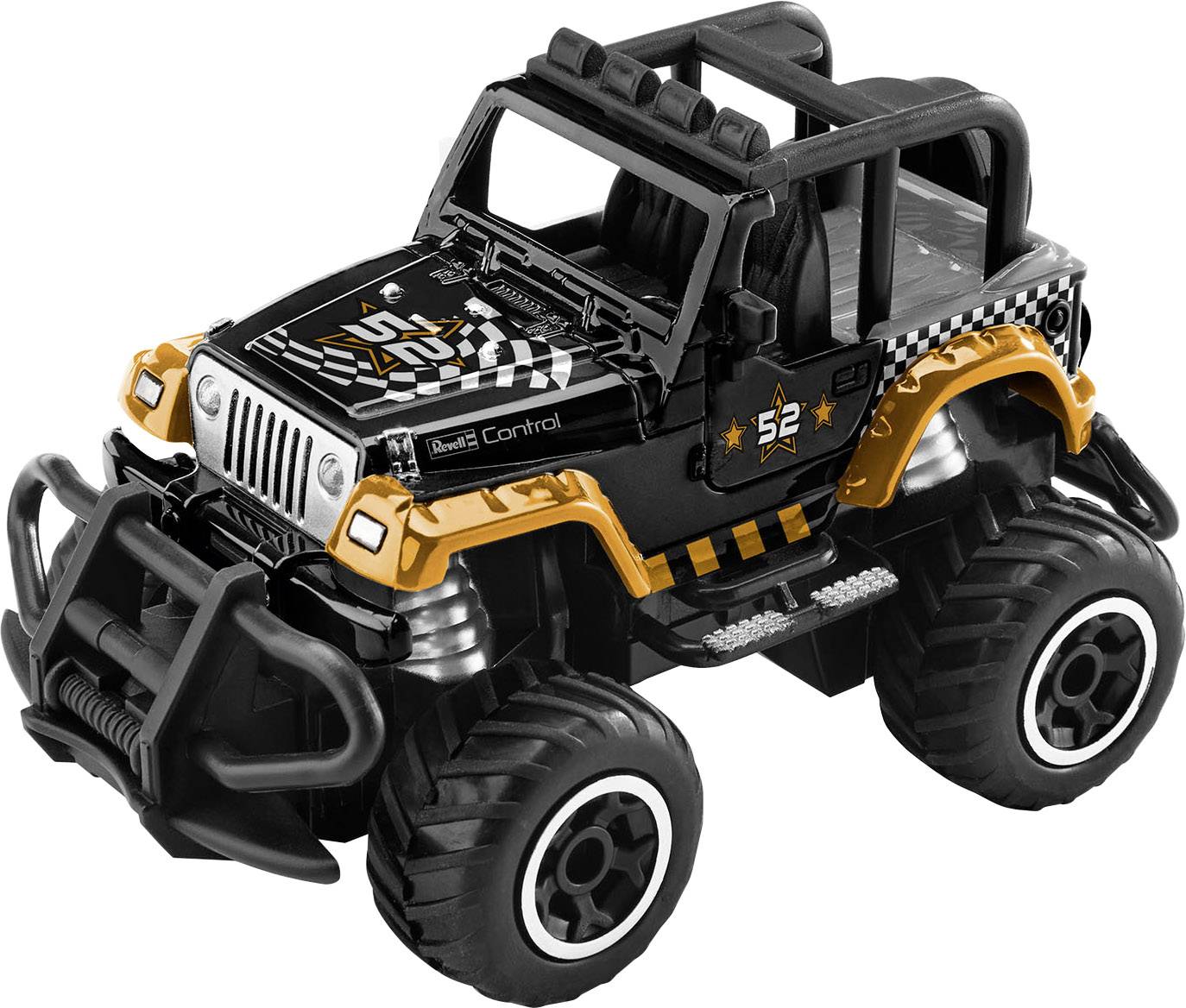 Une voiture télécommandée de style tout-terrain avec de grandes roues, peinte en noir et orange. Parfaite pour les courses de voitures pour enfants.