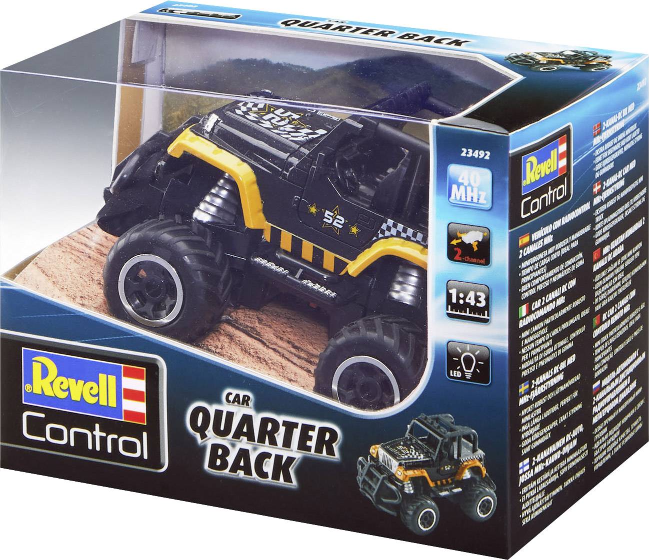 Voiture télécommandée 'Quarter Back' de Revell dans son emballage. Échelle 1:43, 40 MHz, design tout-terrain avec des détails jaunes distinctifs.