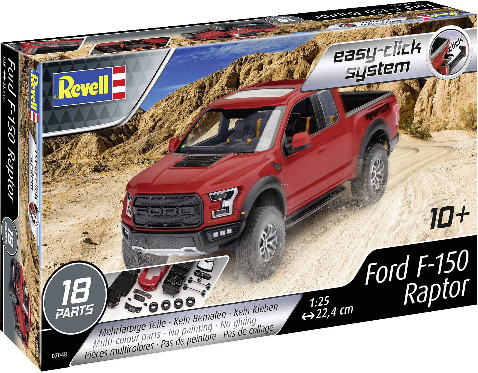 Kit de construction d'un Ford F-150 Raptor rouge de Revell, recommandé à partir de 10 ans. Aucun collage ou peinture nécessaire.