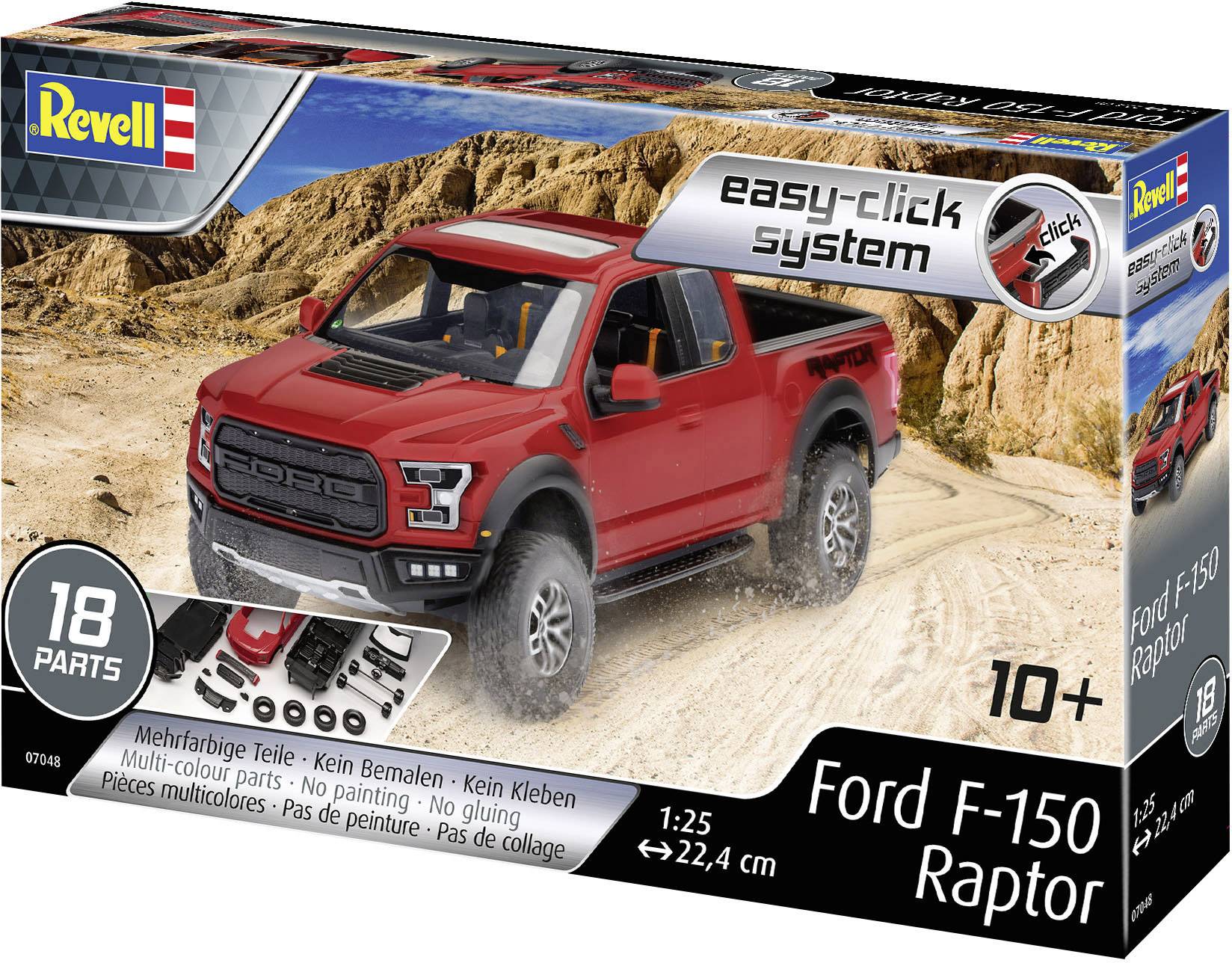 Maquette Revell 'Ford F-150 Raptor' à l'échelle 1:25, système Easy-Click, pour enfants à partir de 10 ans, 18 pièces, représentation du véhicule en rouge.