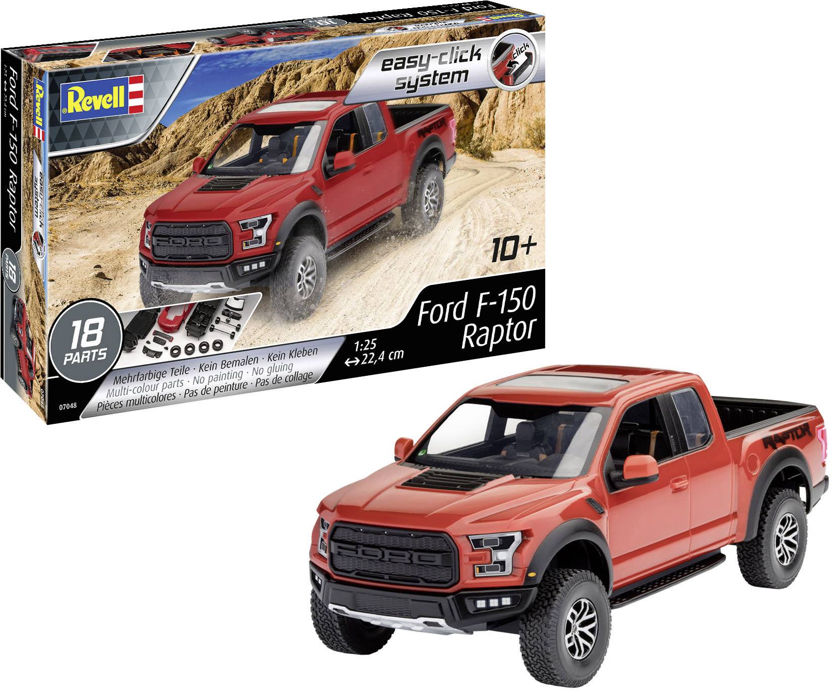 Kit de construction Ford F-150 Raptor de Revell. L'emballage présente un pickup rouge dans un environnement tout-terrain. Convient aux enfants à partir de 10 ans.