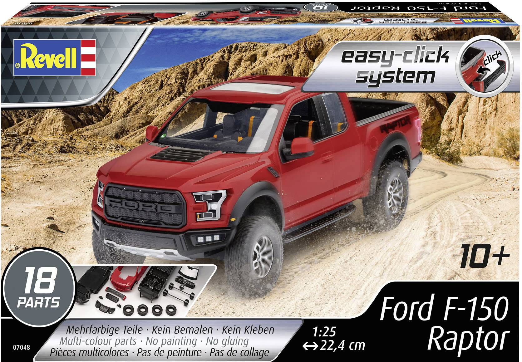 Kit de modélisme Revell easy-click System d'un Ford F-150 Raptor rouge, échelle 1:25, adapté à partir de 10 ans, comprenant 18 pièces.